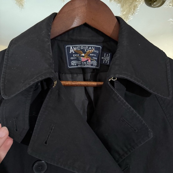 American Living Long Black Trench Coat with Collar & Back Storm Flap Vintage - Picture 3 of 16